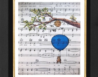 Winnie the Pooh"The Honey Tree" Winnie the Pooh Art Print, Music Print, Winnie Pooh Nursery Prints, Nursery Art, Pink, Blue, Yellow , Green