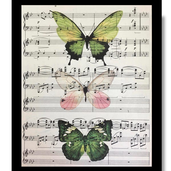 Butterfly Print, Pink and Green Butterflies Printed on Chopin ro Mozart Sheet Music, Pantone Green Butterfly Print, Butterfly Print Artwork