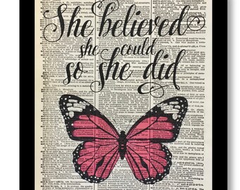 She Believed She Could, Inspirational Art, Pink Butterfly Art, Butterfly Prints, Quote Art, Butterfly 8x10, Quotes, Woman Empowerment