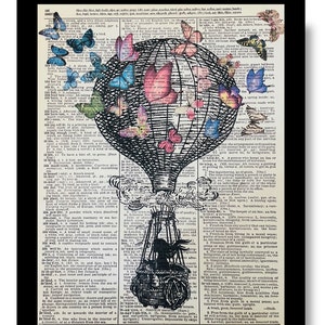 The Explorer, The Seeker, Hot Air Balloon, Woman Flowing Hair Butterfly Art , Butterfly Flying, 8x10 Print, Butterfly Lovers, Butterfly