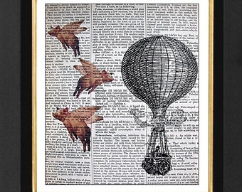 Flying Pigs Hot Air Balloon Dictionary Art Print, Whimsical Decor