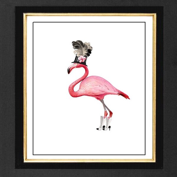 Pink Flamingo "Her Top Hat" Mixed Media print, Pink Flamingo with Boots,size 8x10,Decorative art, drawing, Flamingo Picture, POSTER A4 size