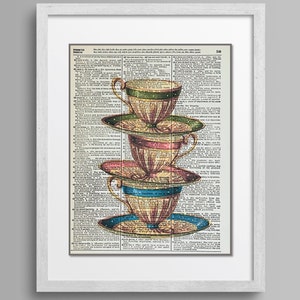 Teacups Stacked, Vintage Kitchen Decor,Teacup Stacked Print,Picture of Teacups, Dictionary Page Art Print, Teacup Wall Art, Teacups 8x10