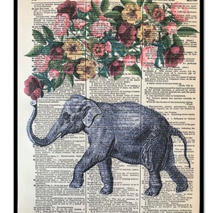 Elephant Print, 8x10, Flower Elephant Decor, Elephant lovers, Elephant Art Print, Elephant Dictionary Page, Book Page Artwork, Book Artwork