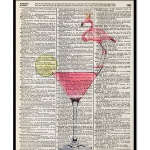 Pink Lady Cocktail, Pink Flamingo Pink Martini, Martini Bar Art, Bar Art, Pink Flamingo 8x10 , Wall Prints, Dictionary Art, Book Page Art