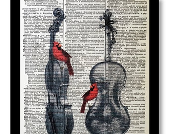 Bird Print- Red Cardinals- Violin Prints, Violin Art Print on 8x10 Vintage Dictionary page, Violin Instrument Art, Music Room Art,