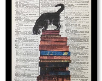 Cat on Books Dictionary Art Print, Book Lover Gift, 8x10