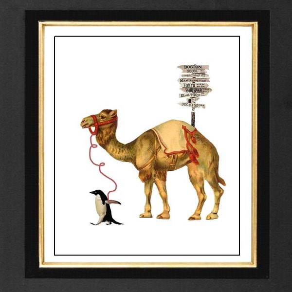 Camel and Penguin Archival Print,size 8x10,Decorative art, Animal Humor Art Prints, POSTER- Camel Humor, Penguin Art Print, Pop Art Prints