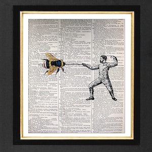 May include: A framed print featuring a vintage dictionary page with a bee illustration and a fencing figure. The bee is yellow, black, and blue. The fencer is in a fencing uniform. The frame is black.