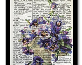 Purple Vintage Pansy Prints,Floral Art Print Mixed Media 8x10 A4, Vintage Floral Flower, Dictionary art, Dictionary print, Flower Print