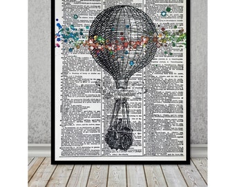 Vintage Hot Air Balloon Colorful Clouds Mixed Media art print on 8x10Vintage Dictionary Page Art Print, Hot Air Balloon Print Watercolor