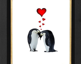 Penguin Print - "Forever Yours "Mixed Media print, Archival Print,8 x10,Decorative art, drawing, Peguine, portrait, Penguin Art Poster