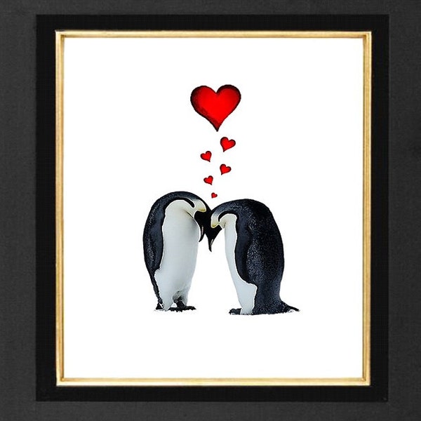 Penguin Print - "Forever Yours" Impresión en técnicas mixtas, Impresión de archivo, 8 x10, Arte decorativo, dibujo, Peguine, retrato, Cartel de arte de pingüino