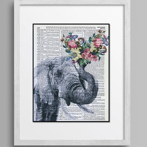 Elefante con flores, amantes de los elefantes, regalo para los amantes de los elefantes, encantadores estampados de elefantes, 8x10, impresión de libros de arte dictioanry