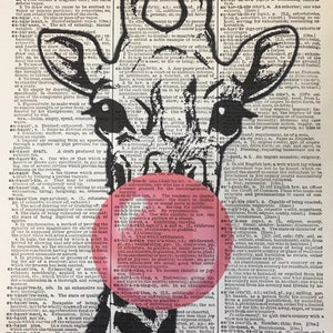 Giraffe Prints, Giraffe Humor, Giraffe Bubblegum, Pink Bubblegum Art, Giraffe Wall Prints, Pink Black Decor, Dictionary Art, 8x10 Wall Print image 2