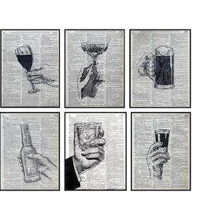 Set of 6 Prints Bar Art, Bar Decor, Prints of Drinks, Bar Home Decor, Wine Bar Art, 8x10 Set of 6 Bar Art Prints, Dictionary Book Art