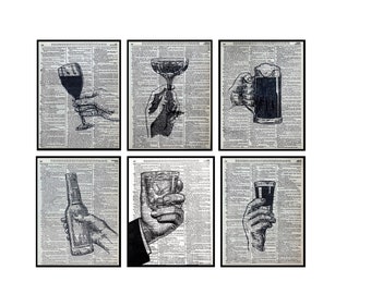 Set of 6 Prints Bar Art, Bar Decor, Prints of Drinks, Bar Home Decor, Wine Bar Art, 8x10 Set of 6 Bar Art Prints, Dictionary Book Art