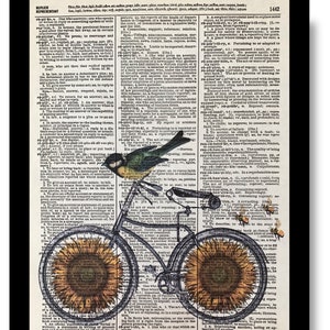 May include: A whimsical art print featuring a bicycle with sunflower wheels and a bird perched on the handlebars, set against a backdrop of vintage text. The image is a unique blend of nature and nostalgia.