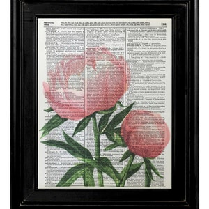 Pink Peony, Pink Peony Floral Print, Vintage Peony Pink Flowers Wall Art, Pink Peony Floral Dictionary Page Prints, Mixed Media Prints,