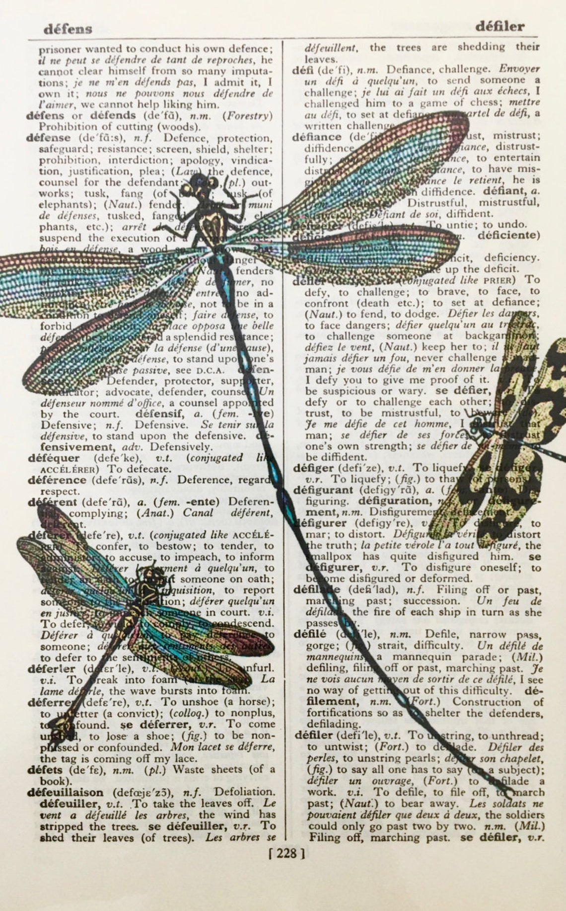 Dragonfly Art, 5.5 X8 Dragonfly Printed French Dictionary Page ...
