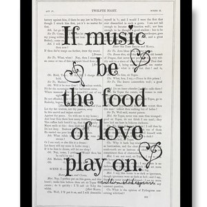 William Shakespeare Quote Print, &quot;If music be the food of love, play on, Twelfth Night, What You Will 7x10 Vintage Shakespeare Book Page