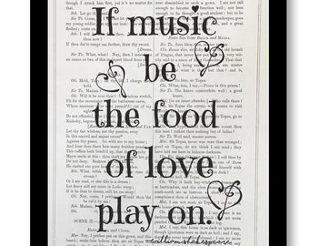 William Shakespeare Quote Print, "If music be the food of love, play on, Twelfth Night, What You Will 7x10 Vintage Shakespeare Book Page