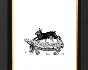 Tortoise and the Hare Humor, size 8x10 White Matte Paper Art Print Pages, Book Humor, Children Fairy Tale Art, Fairy Tale Art Prints,