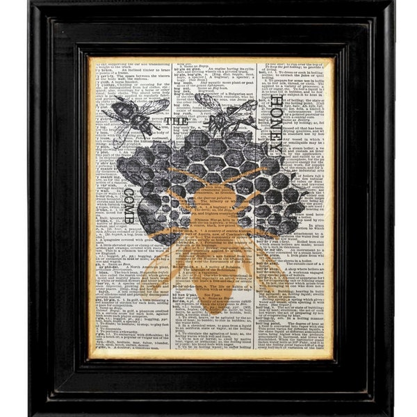 Vintage Bee Hive, Queen Bee, Honey Bee Wall Print, Honey Bee, Mixed Media Size 8x10 Vintage Dictionary Page Print, Honey Bee Pictures, Abejas