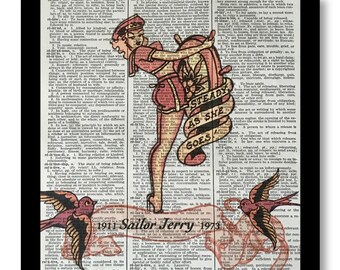 Sailor Jerry "Steady as She Goes "Bar Art, Bar Decor- Mixed Media print on 8x10 Vintage Dictionary page, Dictionary art, Dictionary print