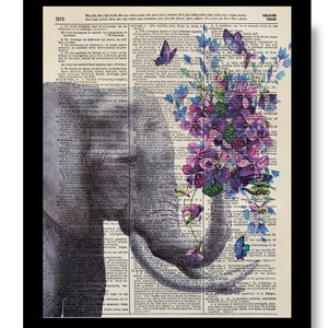 Elephant Print, Elephant Art, Elephant Purple Violets, Violet Flowers,  Elephant Art, Book Prints, Dictionary Art, Dictionary Print, 8x10