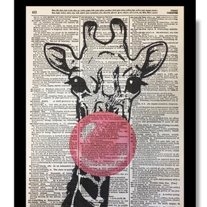 Giraffe Prints, Giraffe Humor, Giraffe Bubblegum, Pink Bubblegum Art, Giraffe Wall Prints, Pink Black Decor, Dictionary Art, 8x10 Wall Print image 1