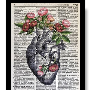 Anatomical Art, Anatomical Heart Pink Peony Flowers, Anatomical Print, Anatomical Pictures, Vintage Cardiology Heart, Dictionary Prints