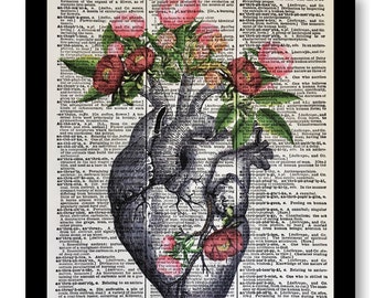 Anatomical Heart Peony Print, Vintage Dictionary Art