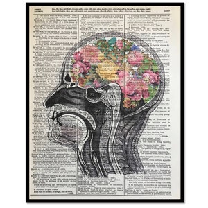 Anatomy Art, Human Brain with Flowers, Anatomy, Anatomy Gift, 8x10 Art, Flower Brain, Head of Flowers, Dictionary Artwork, Dictionary Print