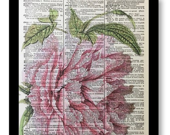 Pink Peony, Vintage Floral Pink Decor, Floral Wall Art, Dictionary Prints, Dictionary Art, Pink Green Wall Art, Floral Pictures