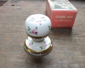 Antique Ceramic Porcelain Door Knob and Backplate - White with Pink Roses and 22K Gold - Mint in Original Box