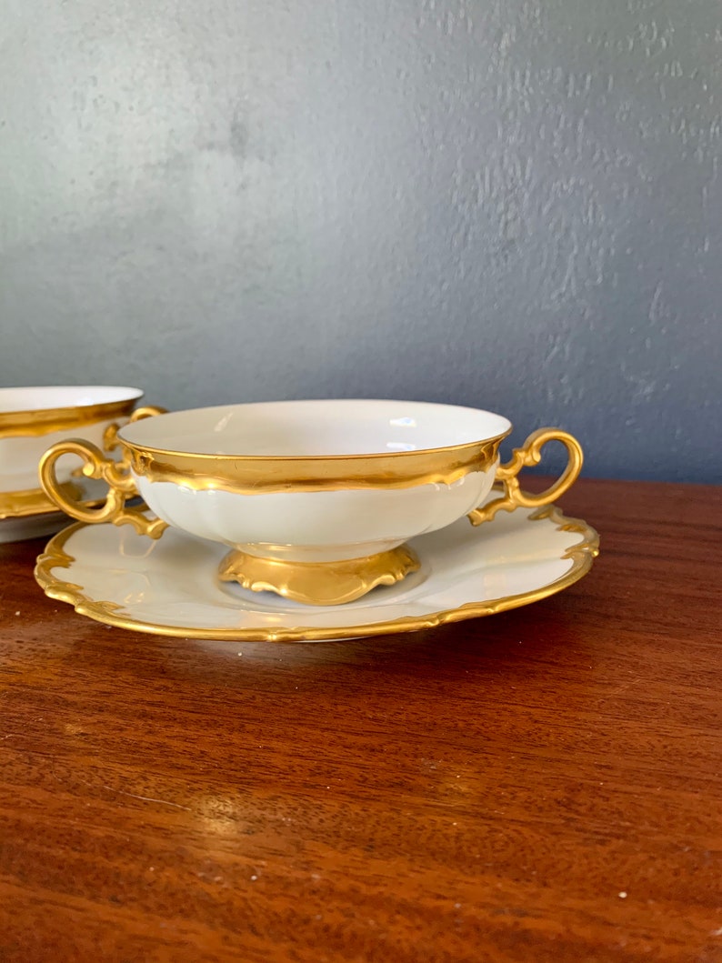 GoldRimmed Hand Painted Cream Soup Bowls with Saucers Set Etsy