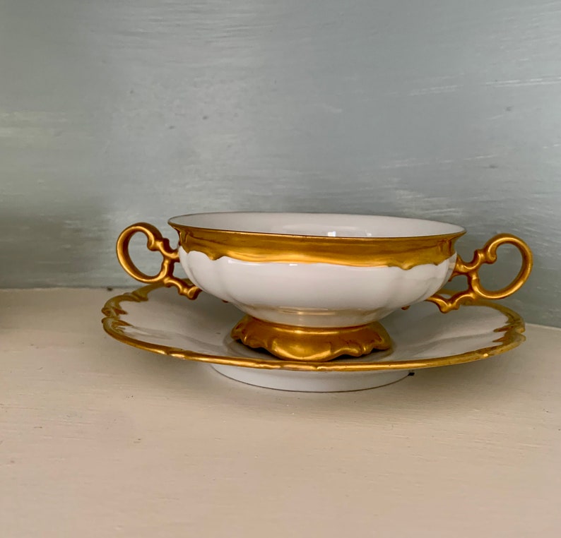 GoldRimmed Hand Painted Cream Soup Bowls with Saucers Set Etsy