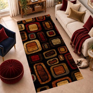 Retro Geometric Runner Rug, Black Rust and Gold Hallway Carpet, Non-Slip Machine-Washable