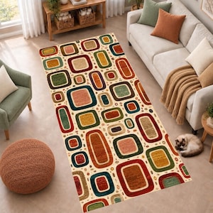 Alfombra de pasillo geométrica retro, color crema terracota y verde azulado, estilo mediados de siglo, antideslizante y lavable a máquina.