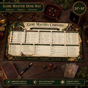 May include: A rectangular Game Master desk mat measuring 24 inches by 14 inches, featuring a cream-colored surface with printed fantasy tabletop reference charts, text, and green border accents. The mat includes sections for difficulty, adventure flow, and quick names.