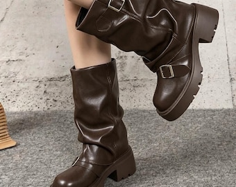 Brown Faux Leather Slouch with Buckle Detail | Chunky Platform Mid-Calf Footwear Mid-Calf Platform Boots | Belt Buckle Slouchy Modern Boots