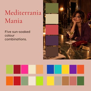 May include: A colour palette guide titled Mediterrania Mania featuring five sun-soaked colour combinations. The image displays a photograph of a person in a dark purple top at a bar, alongside various rectangular colour swatches in shades of green, red, yellow, blue, and brown.