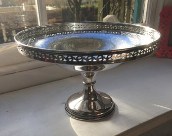 Antique Large Round Decorative Etched Pedestal Bowl Compote Pierced Gallery Silver Plate