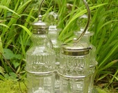 Antique English Georgian Hand Cut Crystal Glass 4 Bottle Cruet Set with Silver Stand