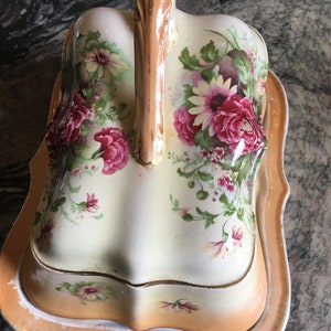 Antique Large English Flowered Victorian Cheese or Butter Dish