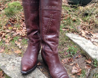 Sassy Vintage Brown Leather Women's Cowboy Boots Stud Detail EU 39 UK 6