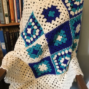 Small Hand Crochet Baby Blanket Blue White Vibrant Throw 46&quot; x 41&quot;