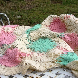 Unusual Large Crochet Blanket 47" x 94" Cream with Pink and Green Flowers