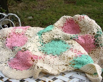 Unusual Large Crochet Blanket 47" x 94" Cream with Pink and Green Flowers